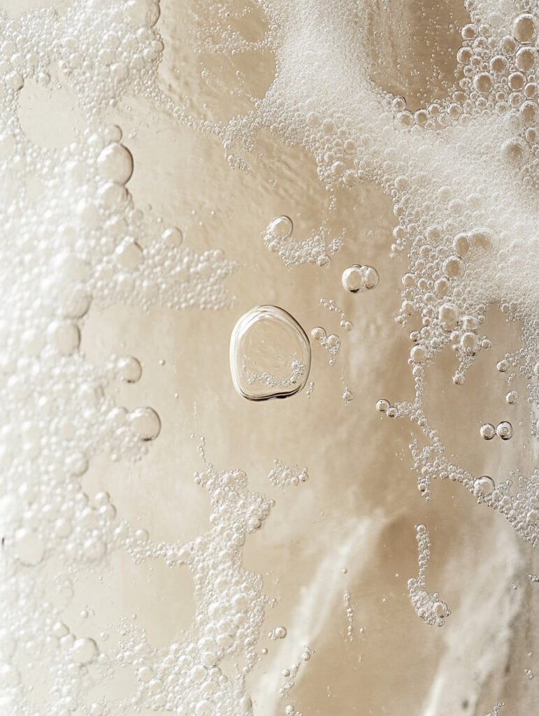 Abstract beige liquid surface with scattered bubbles, presented as a neutral cosmetic texture background