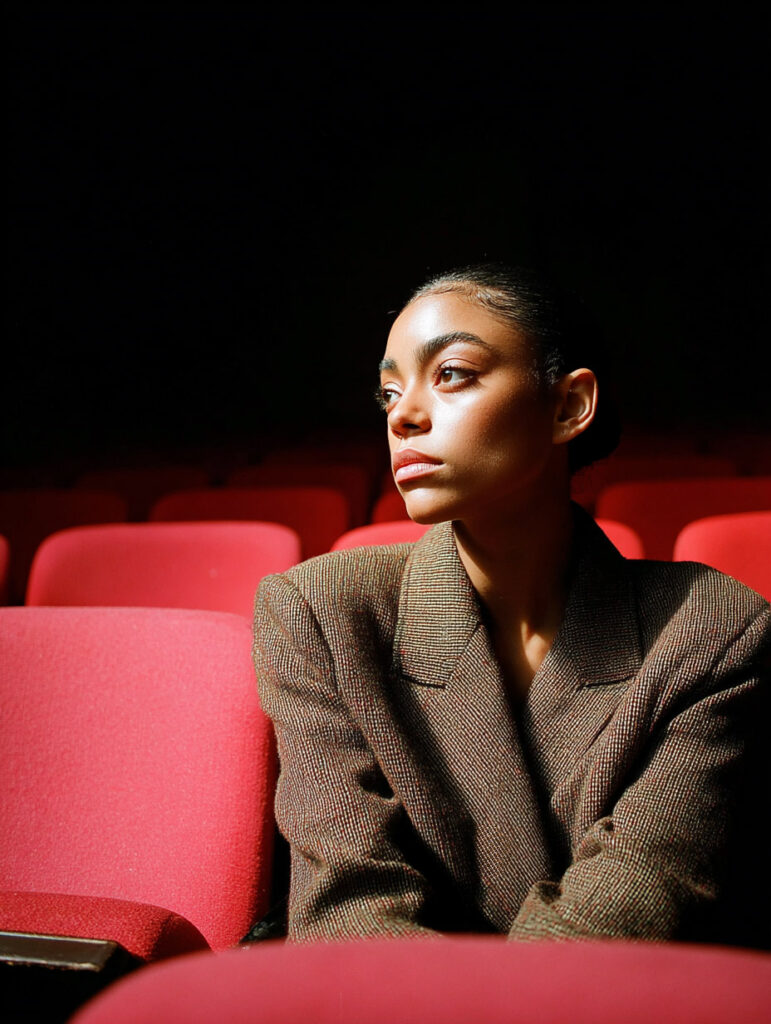 Portrait of a woman wearing a blazer seated among red theater chairs, illuminated by directional light in a quiet interior.
