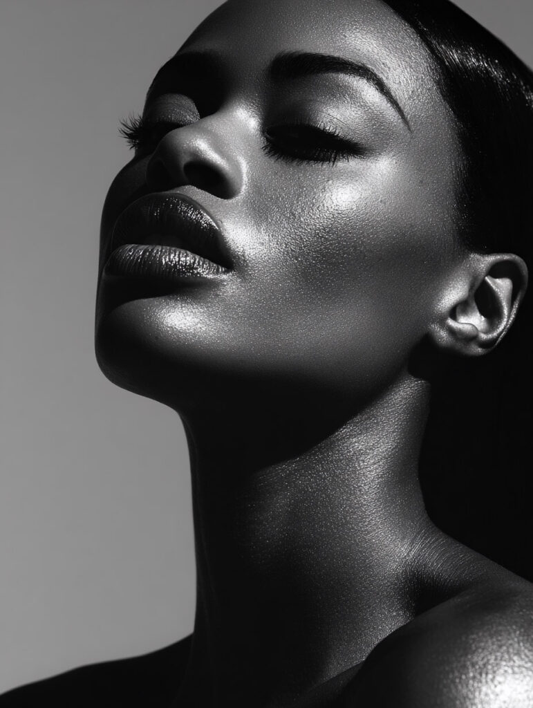 High-contrast beauty profile portrait of a gorgeous black woman