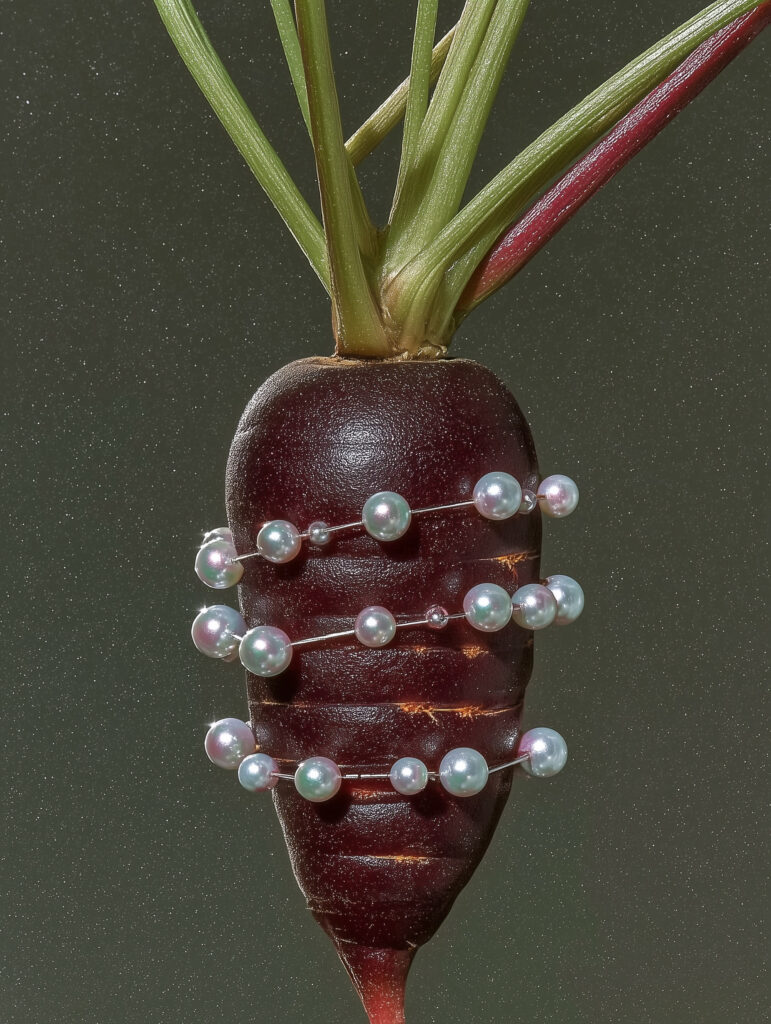 moody Surreal still life featuring a carrot adorned with pearls, combining organic form with refined decorative elements.