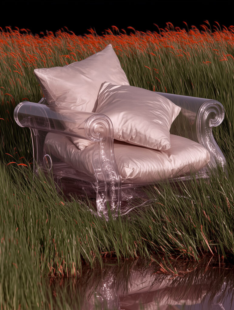 a clear chair is sitting in a wildflower field by a small creek of water.