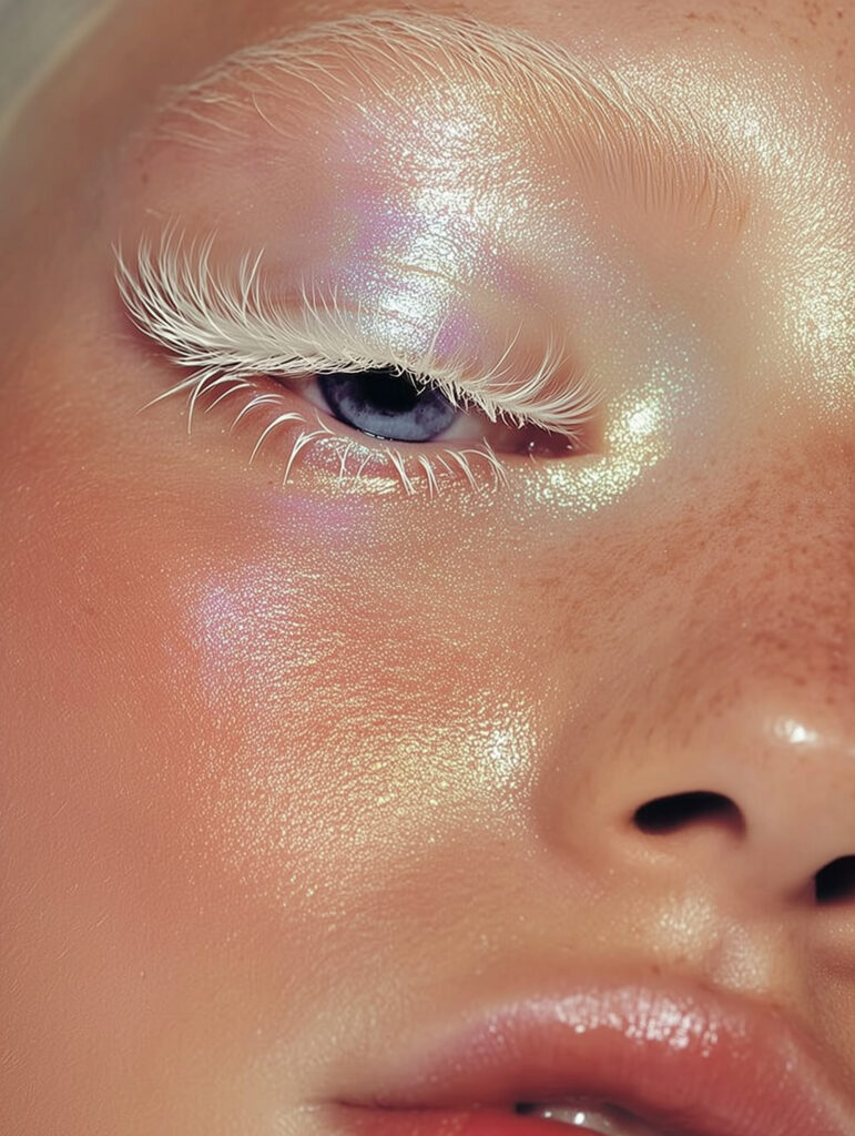 woman with wispy blonde eyelashes and luminous makeup