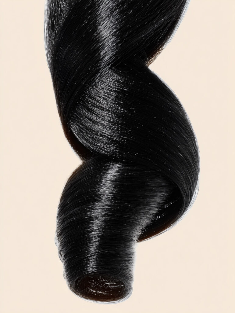 Close-up of glossy black hair twisted into a sculptural form, emphasizing smooth texture and natural shine.
