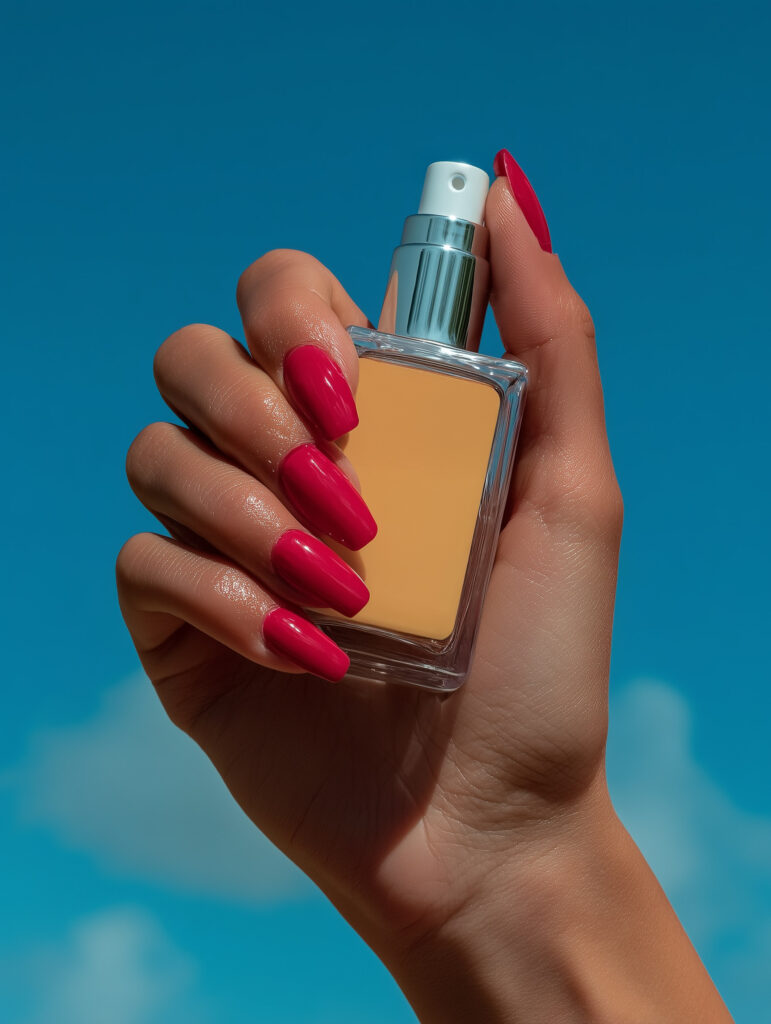 Close-up of a hand holding a perfume spray bottle against a clean blue background, highlighting product form and polished styling.