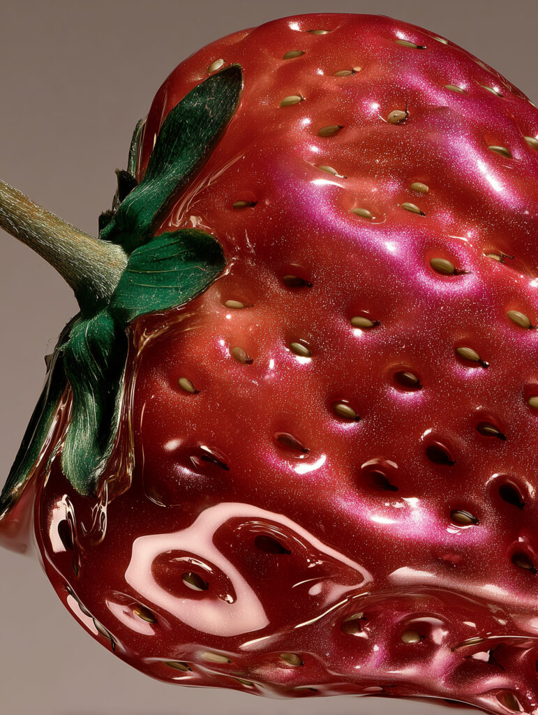 Macro close-up of a strawberry surface showing seeds, shine, and detailed texture.